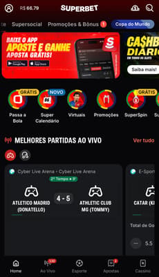 Captura da tela de esportes da Superbet, uma das melhores casas de apostas do Brasil.