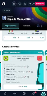 Captura de tela da Novibet exibindo os mercados de apostas e palpites pré-prontos para a Copa do Mundo de 2026.