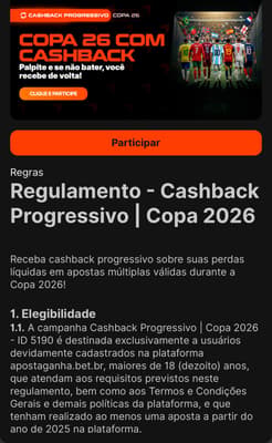 Captura de tela da oferta de cashback da Aposta Ganha.