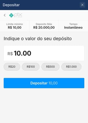Captura de tela da seção de pagamentos da Rivalo exibindo os botões de depósito a partir de 10 reais.