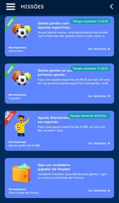 Captura de tela das Missões disponíveis na Oleybet com rodadas grátis e torneios.