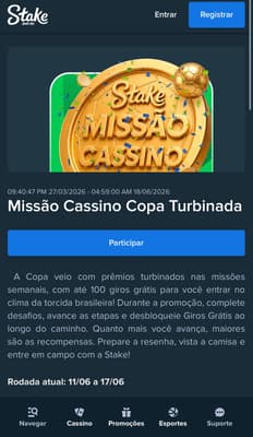 Captura de tela da Stake exibindo a Missão de Cassino com rodadas grátis para os usuários.