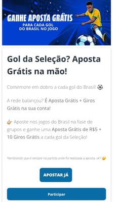 Captura de tela da promoção Gol da Seleção? Aposta Grátis na Mão da Sportingbet para a Copa de 2026.