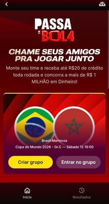 Captura de tela da campanha Passa a Bola na Superbet, um bolão coletivo para a Copa do Mundo de 2026.