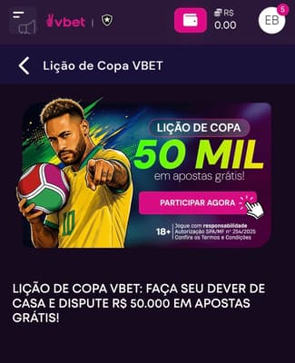 Captura de tela da campanha Lição de Copa Vbet com o bolão de apostas grátis no Mundial de Seleções de 2026.