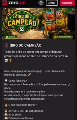 Captura de tela da promoção Giro do Campeão na plataforma que mais paga Zeroum.