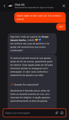 Captura de tela do suporte na Aposta Ganha, um dos melhores sites de apostas do Brasil.