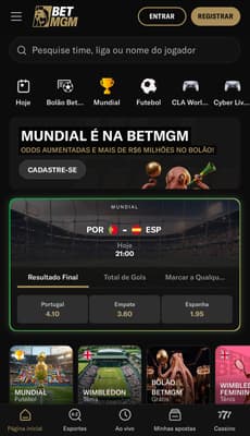 Captura da tela de apostas na BetMGM, um dos melhores sites de apostas na Copa do Mundo.