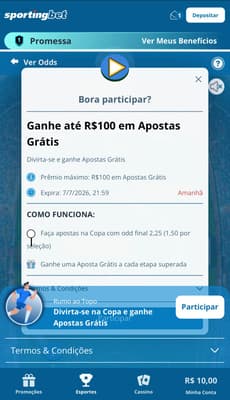 Captura de tela da promoção Rumo ao Topo da Sportingbet, um dos melhores sites de apostas na Copa do Mundo.
