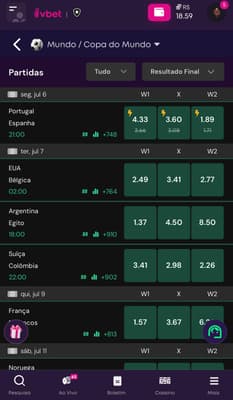 Captura da tela de apostas na Vbet, um dos melhores sites de apostas na Copa do Mundo.