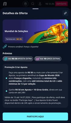 Captura de tela da oferta da Novibet para a Copa do Mundo.