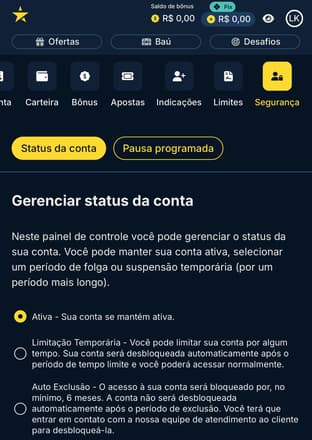 Captura da tela de limite de apostas na Estrela Bet.
