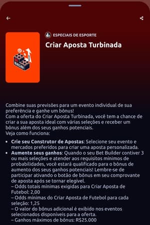 Captura de tela da página de Criar Aposta Turbinada na casa de apostas no Campeonato Paulista Betano.