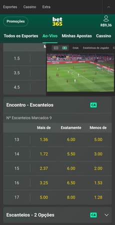 Captura de tela de apostas ao vivo em escanteios