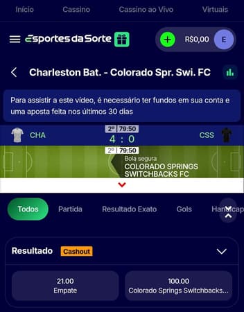 Captura de tela da seção de apostas ao vivo na plataforma.