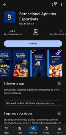 Aplicativo da Betnacional para download na Play Store.