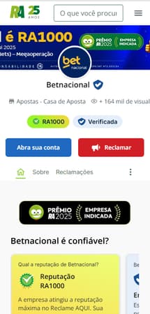 Página da Betnacional no Reclame Aqui com reputação RA1000.
