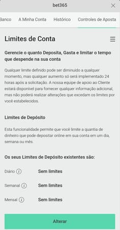  Captura de tela da página de controles de aposta da bet365 com ferramentas do jogo responsável.