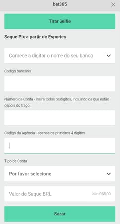 Captura de tela da página de saque na bet365 com o formulário de preenchimento.