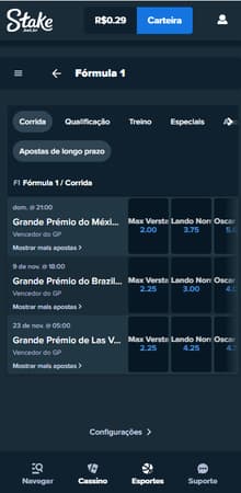 Mercados de Fórmula 1 na Stake disponível para o GP do México, Brasil e Las Vegas