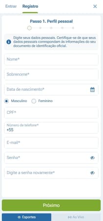 Captura de tela da página de cadastro 1xBet