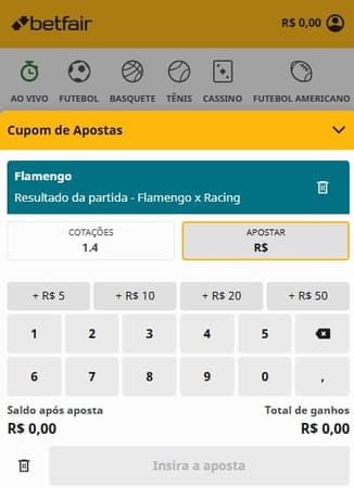 Captura de tela de aposta na Betfair