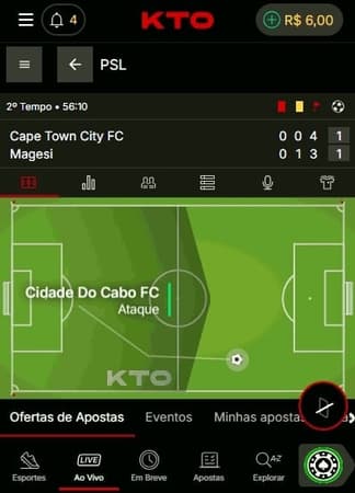 Captura da tela de apostas ao vivo no ap da KTO.