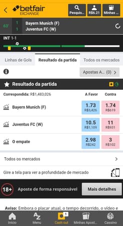 Captura de tela de apostas ao vivo da Betfair Exchange