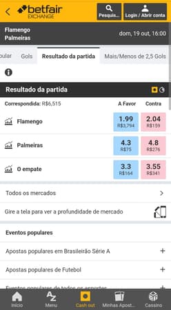 Captura de tela da página do Brasileirão na Betfair Exchange