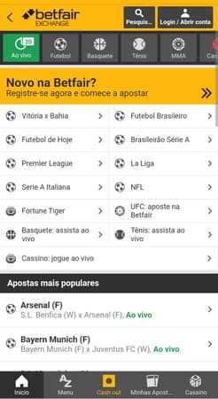 Captura de tela da página inicial da Betfair Exchange