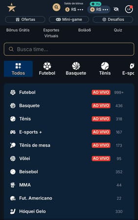 Captura de tela do catálogo de esportes disponíveis na Estrela bet.