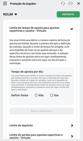 Captura da tela de limites de aposta na Betano.