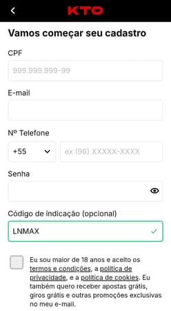 Captura de tela do formulário de cadastro na KTO com o código de indicação LNMAX.