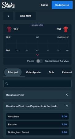 Captura de tela do Pagamento Antecipado na Stake