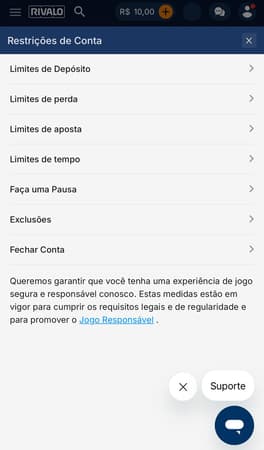 Captura da tela de limitação de conta na Rivalo.