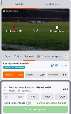 Captura de tela do bilhete de apostas na Betsson com um jogo do Brasileirão no mercado resultado da partida.