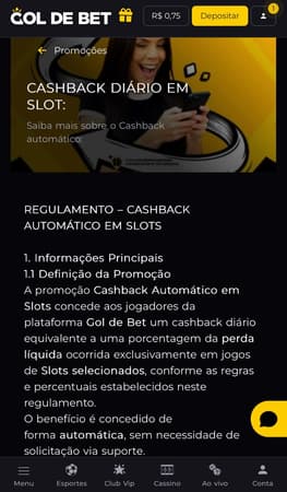 Captura da tela de cashback diário em slot na Gol de Bet.