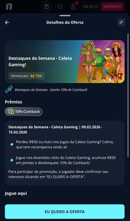 Captura da tela de cashback em cassino na Novibet.