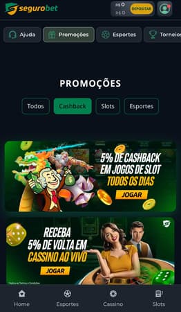 Captura de tela das promoções com cashback em cassino na Segurobet.