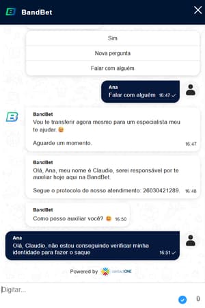 Atendimento no chat ao vivo com pergunta sobre KYC na BandBet