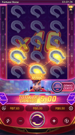 Tela de vitória no Fortune Horse com multiplicador 10x e ganhos totais exibidos