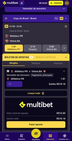 Captura de tela mostra como apostar na Copa do Brasil na Multibet.