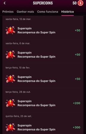 Captura de tela mostra ganhos em SuperCoins na Superbet.