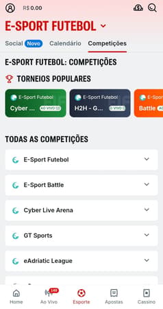 Captura de tela das competições disponíveis na Superbet para apostar em FIFA (e-sport futebol).