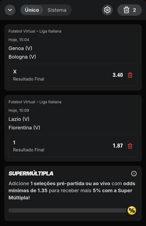 Captura de tela do cupom de aposta com futebol virtual da Superbet.