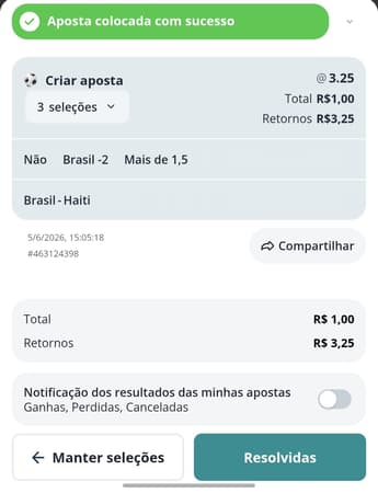 Captura de tela de um bilhete realizado na bet de 10 reais da Novibet com o recurso Criar Aposta.