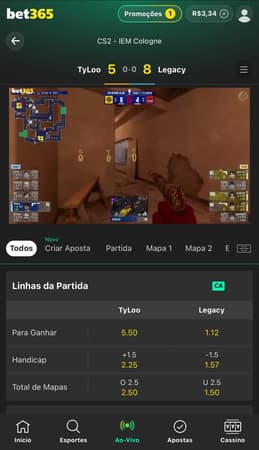 Captura de tela mostra o streaming ao vivo da bet365 em CS2.
