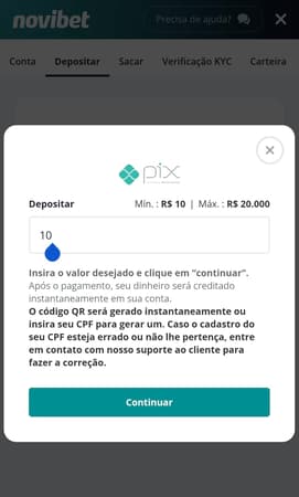 Captura de tela da seção de depósito na Novibet com o valor mínimo de 10 reais e os botões para completar o pagamento.