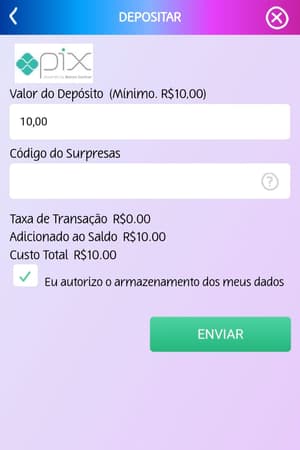 Captura de tela da PlayUZU exibindo a seção de depósitos via Pix a partir de R$10.