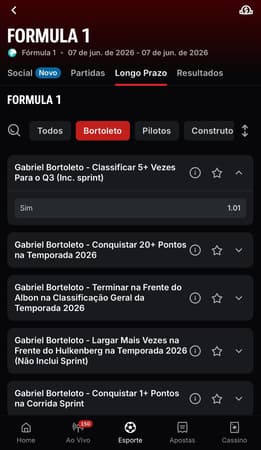 Captura da tela de apostas de longo prazo em Gabriel Bortoleto na Superbet.